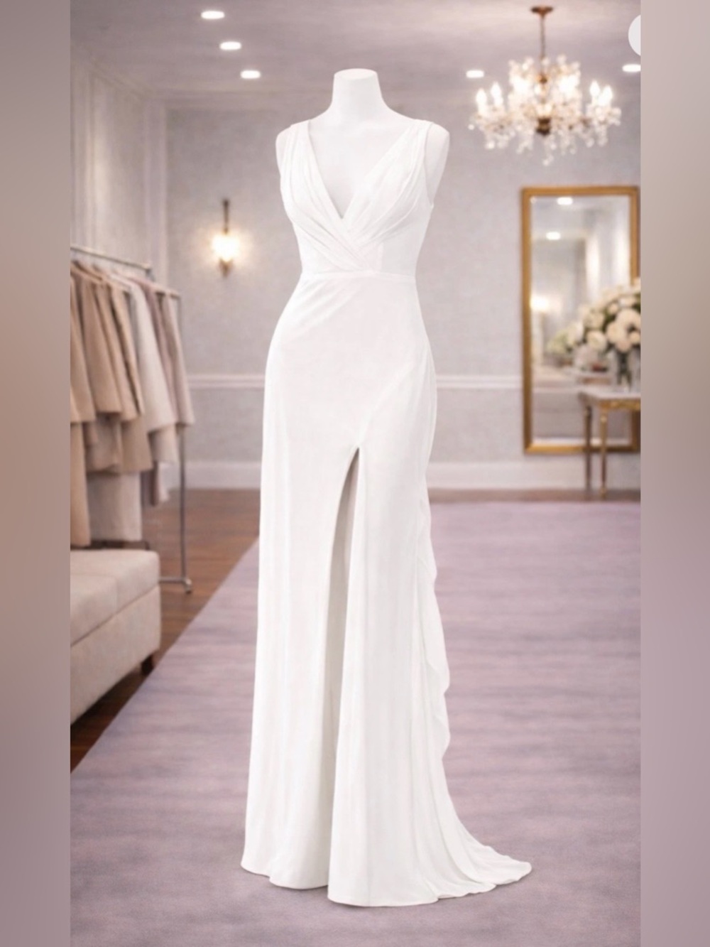 Mac Duggal 12336 White Chiffon Bridal Gown V Neck Slit Wedding Dress 12 NWT
